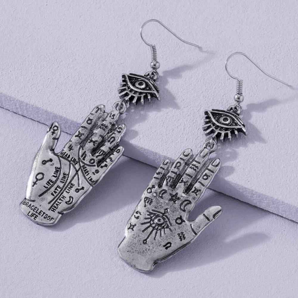 🔮 2 for $40 🔮 Mystic Palmistry Hand Evil Eye Witchy Dangle Earrings